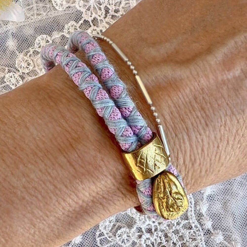 Hand Crafted Gold Overlay Purple/Pink & Blue Fabric Bracelet Istanbul Designer - Picture 9 of 9